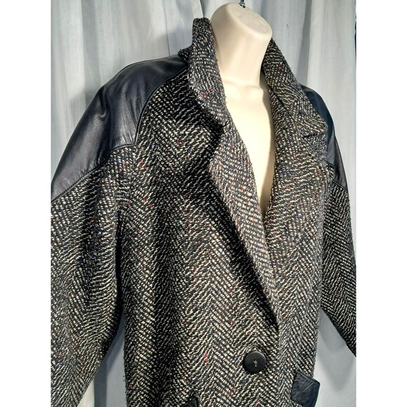 Vintage 80s Ann-Gee Wool Blend Coat XL Black Lined Tweed Leather Trim 11/12 - Picture 2 of 14